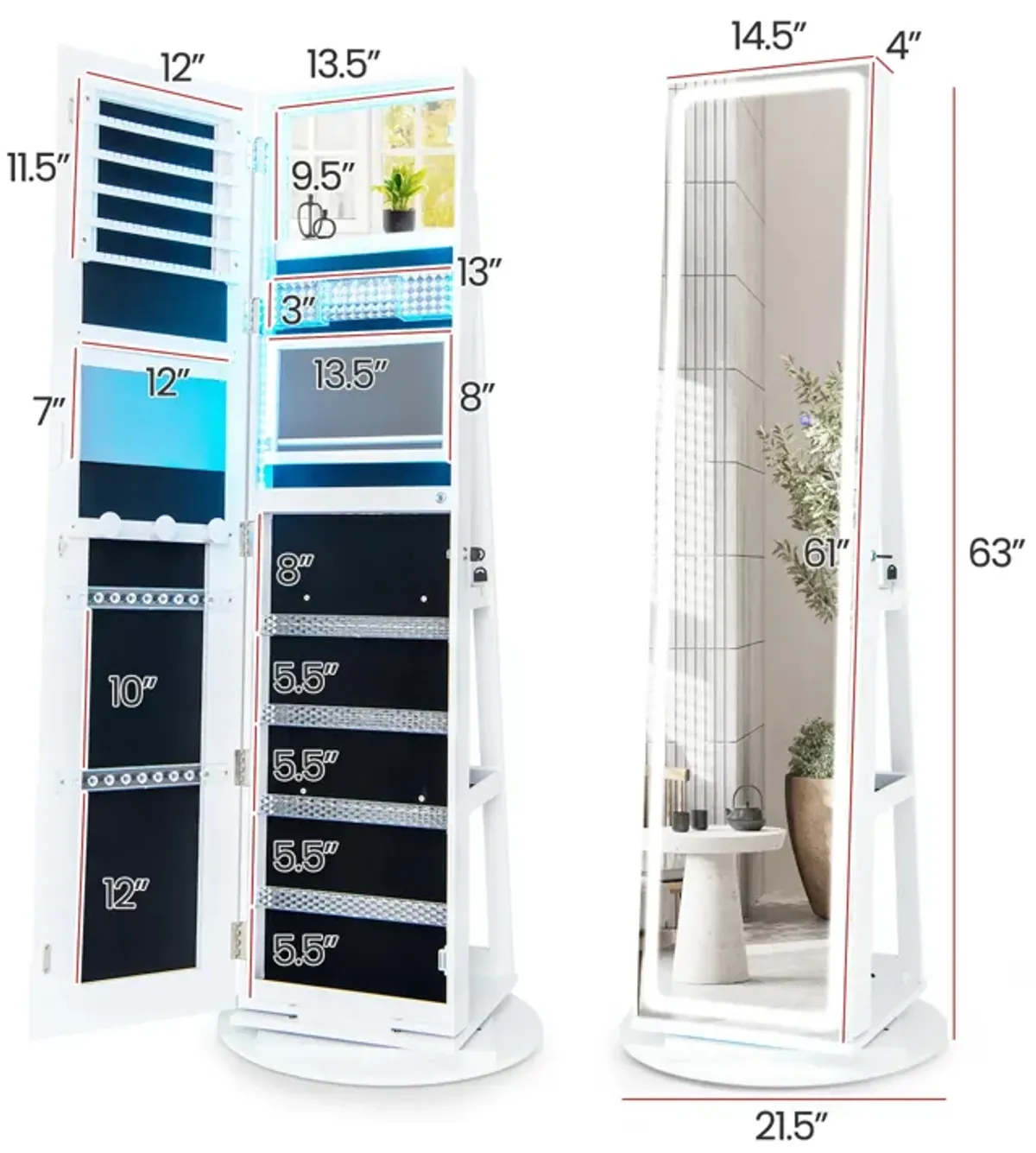 Standing Jewelry Cabinet with Adjustable LED Lights