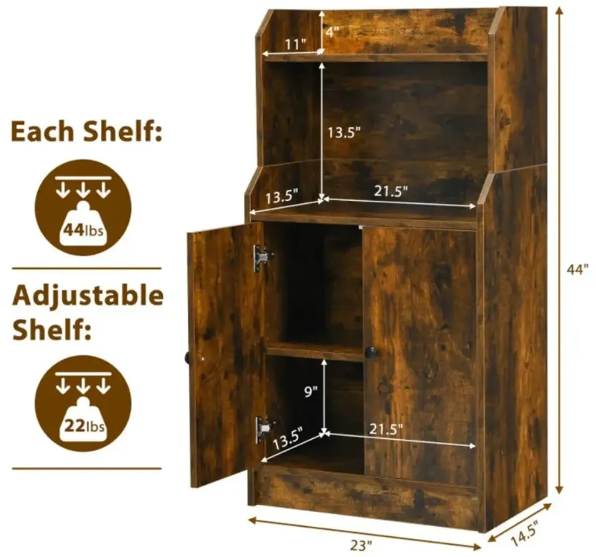 Hivvago Storage Cabinet Bookcase with Doors and Display Shelf-Rustic Brown