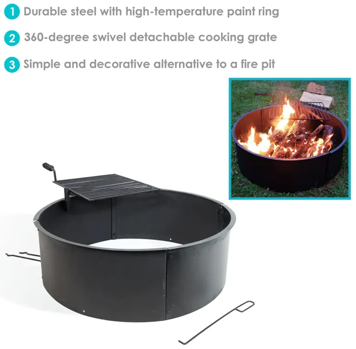 Sunnydaze 34 in Steel Fire Pit Ring with Swivel Cooking Grate/Poker