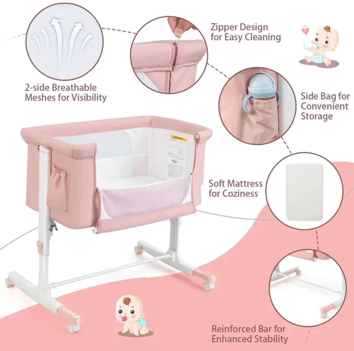 Portable Baby Bedside Bassinet with 5-level Adjustable Heights and Travel Bag