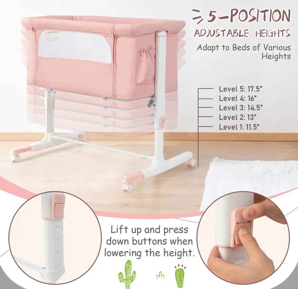 Portable Baby Bedside Bassinet with 5-level Adjustable Heights and Travel Bag