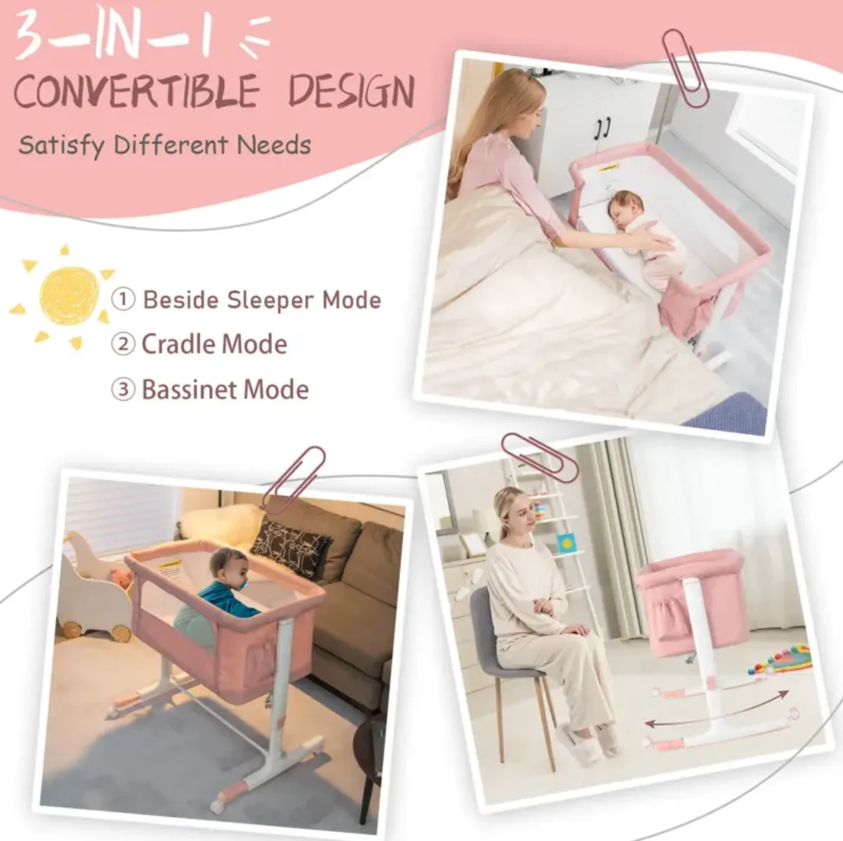 Portable Baby Bedside Bassinet with 5-level Adjustable Heights and Travel Bag