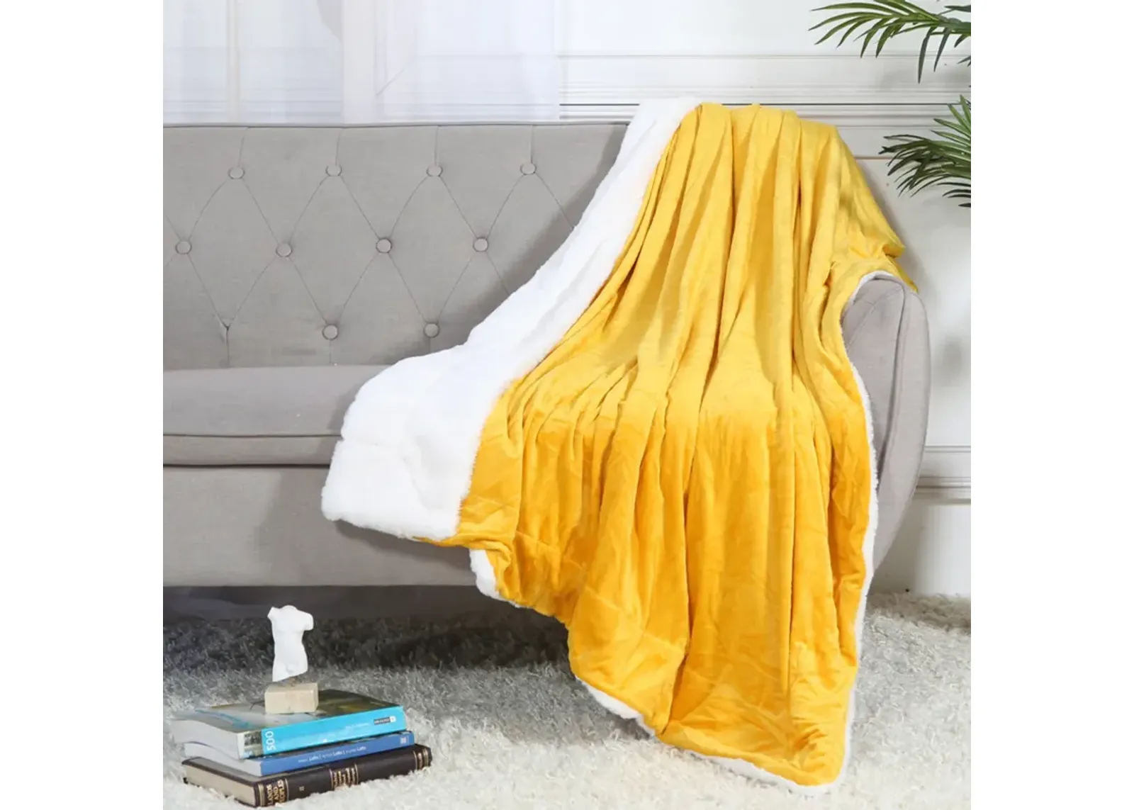 Legacy Decor Luxurious Soft Velour Fleece Throw with Super Ultra Soft Faux Fur on Backside Blanket 49”x 73” White Color