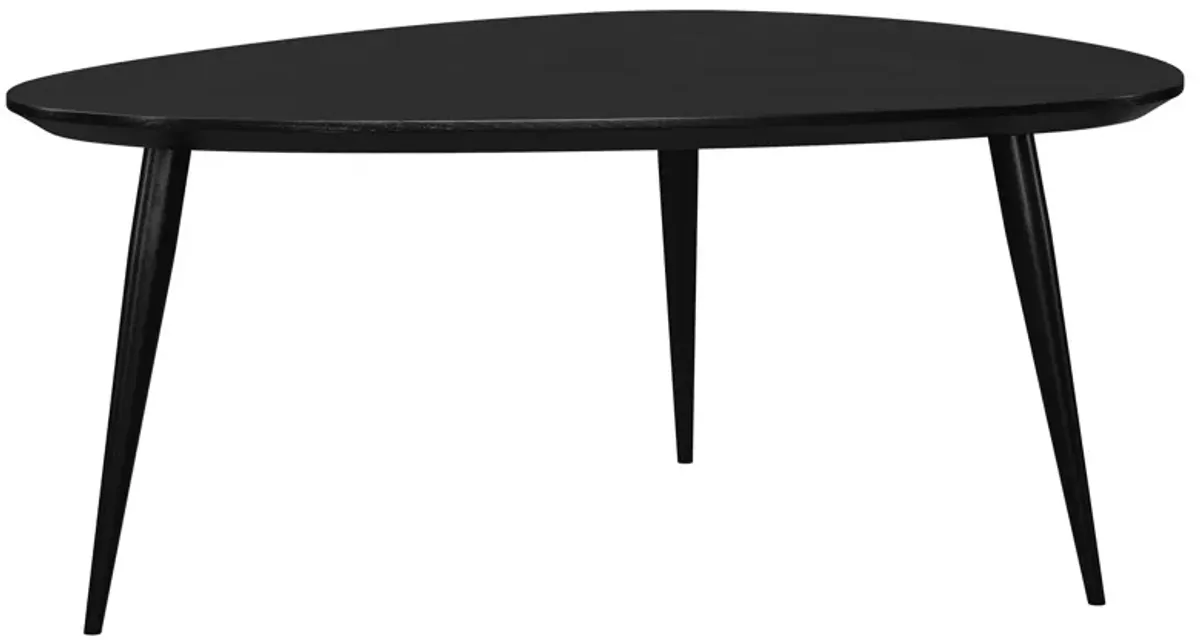 Deso Coffee Table, 39 Inch Triangular Black Mango Wood, Metal Legs - Benzara
