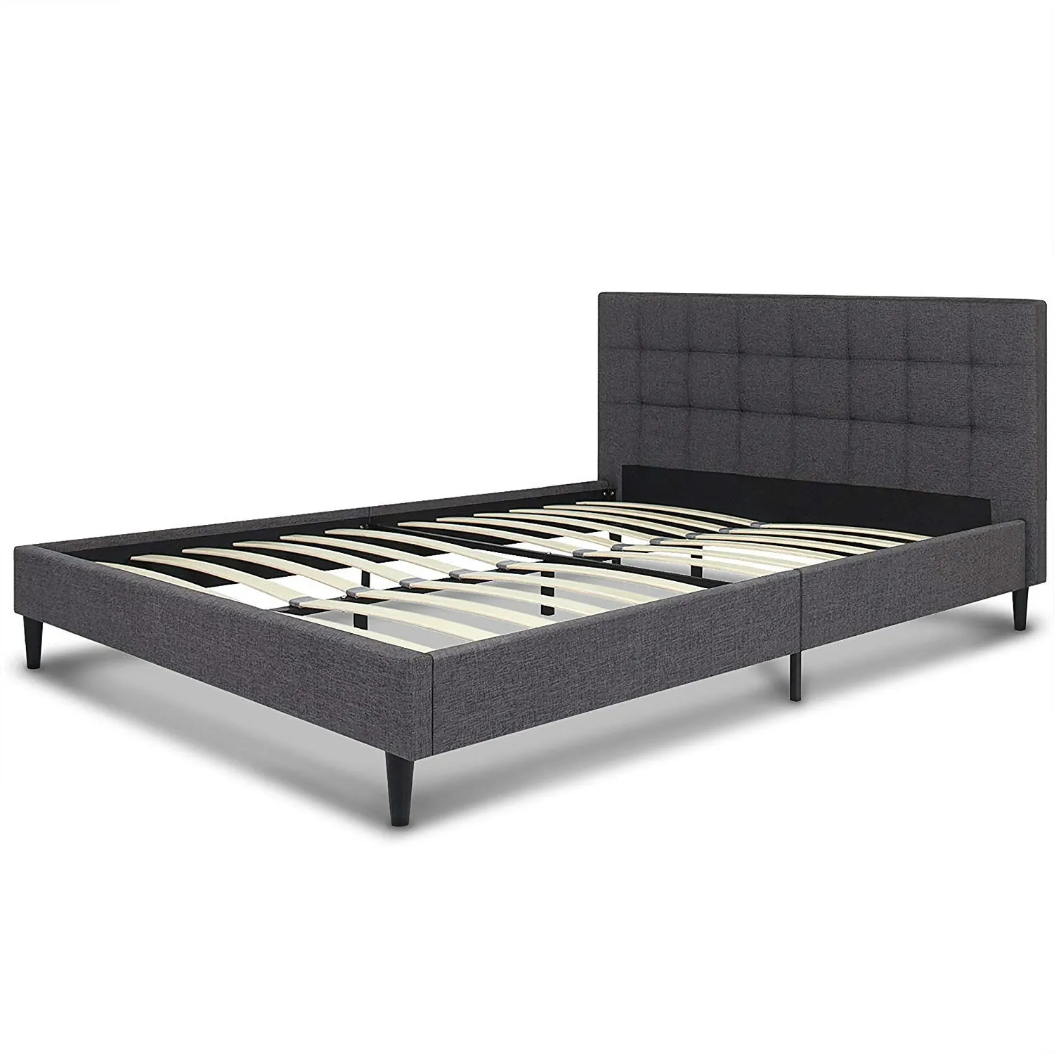 QuikFurn Full size Grey Mid-Century Modern Upholstered Platform Bed Frame with Headboard