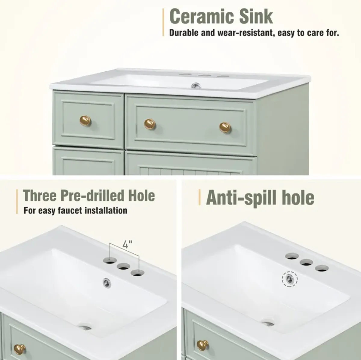 Gewnee 24-Inch Bathroom Vanity Cabinet with Ceramic Sink, 2 Drawers, 1 Door