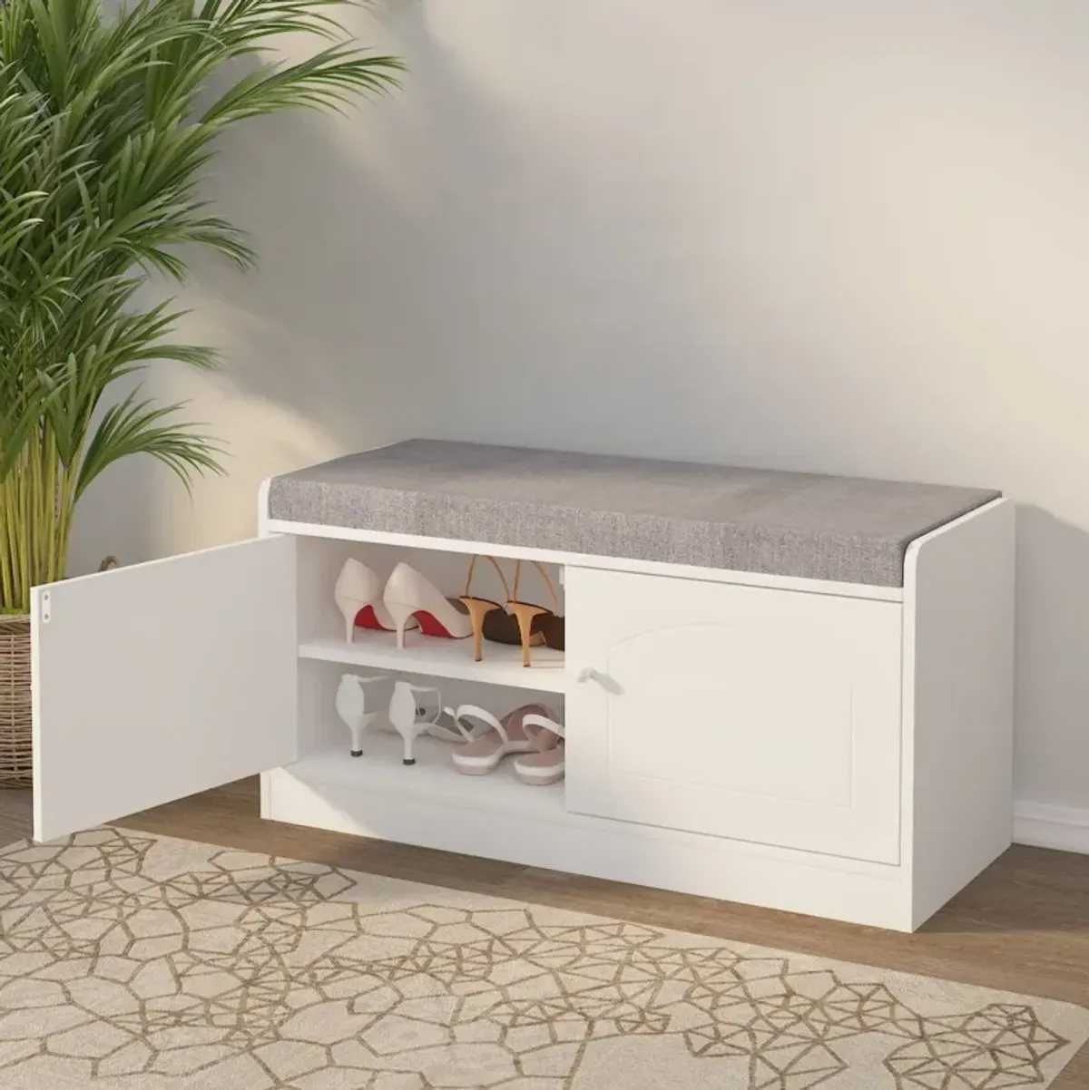 Shoe Storage Bench with 2 Door Cabinet, Entryway Bench with Shoe Storage, Shoe Bench with Cushion, Adjustable Shelves, Shoe Rack Bench for Entrance, Hallway, Bedroom, White+Gray