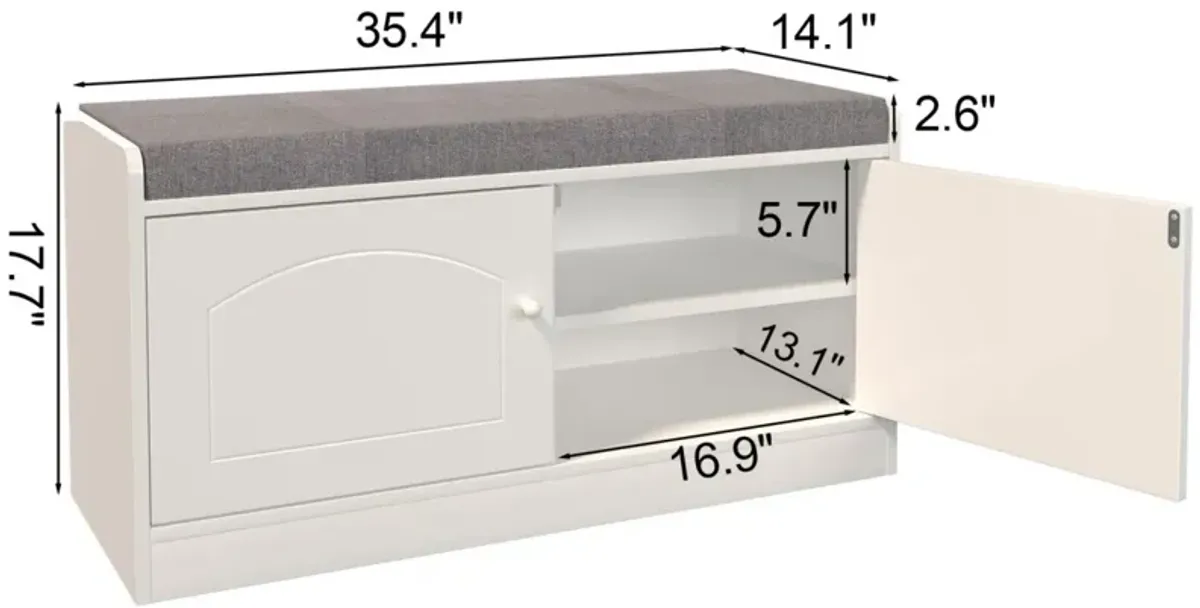 Shoe Storage Bench with 2 Door Cabinet, Entryway Bench with Shoe Storage, Shoe Bench with Cushion, Adjustable Shelves, Shoe Rack Bench for Entrance, Hallway, Bedroom, White+Gray