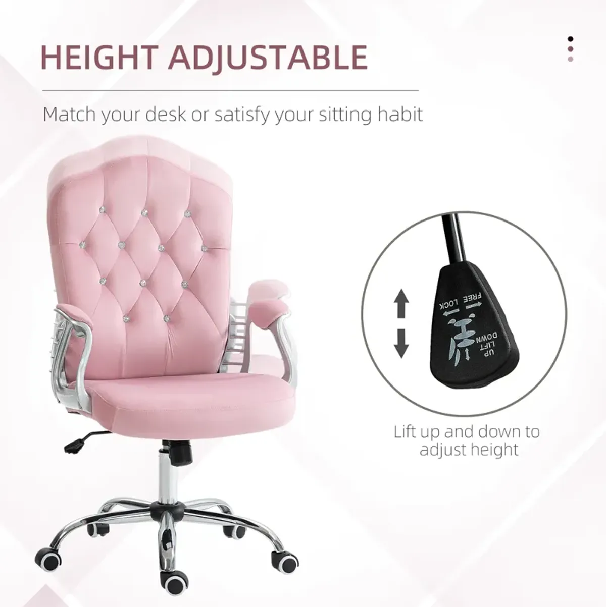 Vinsetto Home Office Chair, Velvet Computer Chair, Button Tufted Desk Chair with Swivel Wheels, Adjustable Height, and Tilt Function, Pink