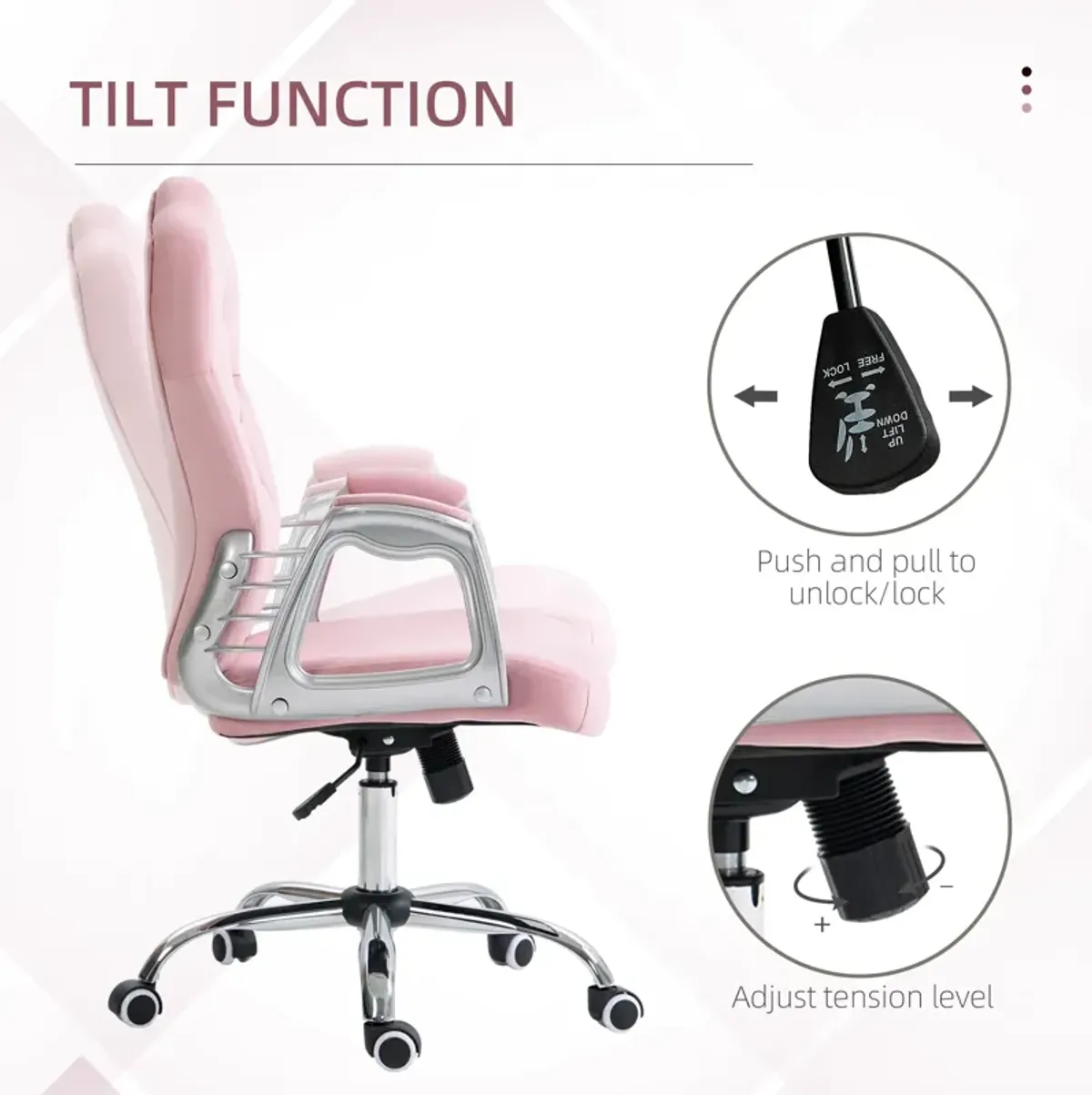 Vinsetto Home Office Chair, Velvet Computer Chair, Button Tufted Desk Chair with Swivel Wheels, Adjustable Height, and Tilt Function, Pink