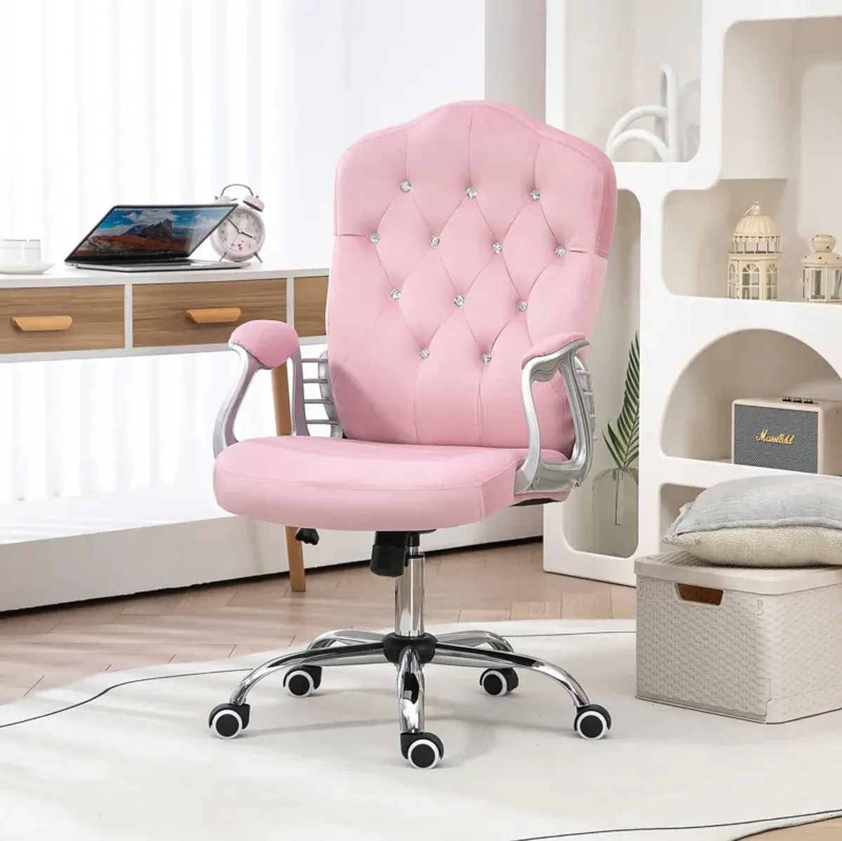 Vinsetto Home Office Chair, Velvet Computer Chair, Button Tufted Desk Chair with Swivel Wheels, Adjustable Height, and Tilt Function, Pink