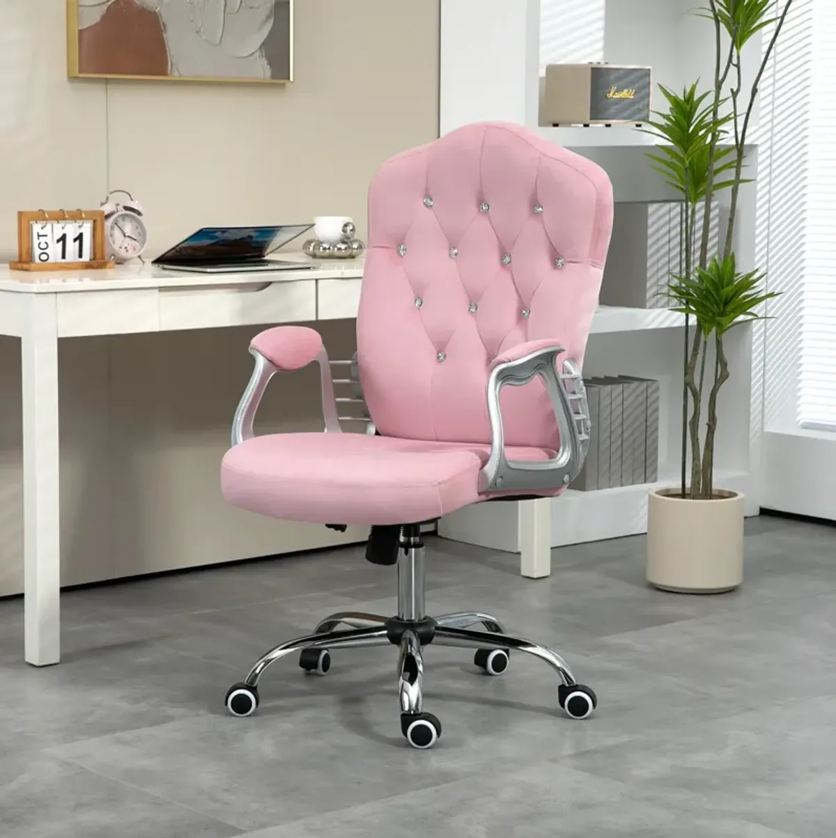 Vinsetto Home Office Chair, Velvet Computer Chair, Button Tufted Desk Chair with Swivel Wheels, Adjustable Height, and Tilt Function, Pink