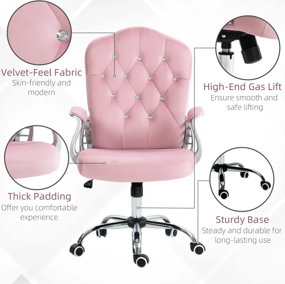 Vinsetto Home Office Chair, Velvet Computer Chair, Button Tufted Desk Chair with Swivel Wheels, Adjustable Height, and Tilt Function, Pink