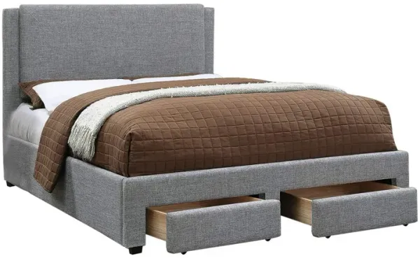 Bovi California King Bed, 2 Storage Drawers, Fully Upholstered Stone Gray - Benzara
