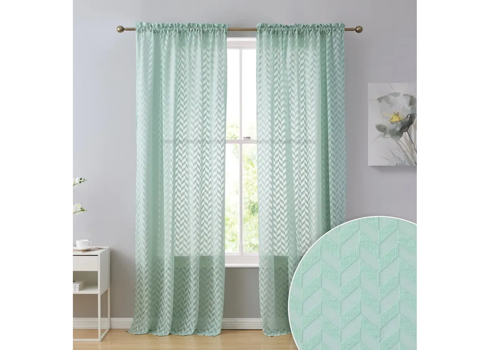 THD Herringbone Lace Thick Semi Sheer Premium Grommet Top Window Curtain Panels for Kids Room & Bedroom - Set of 2 Panels