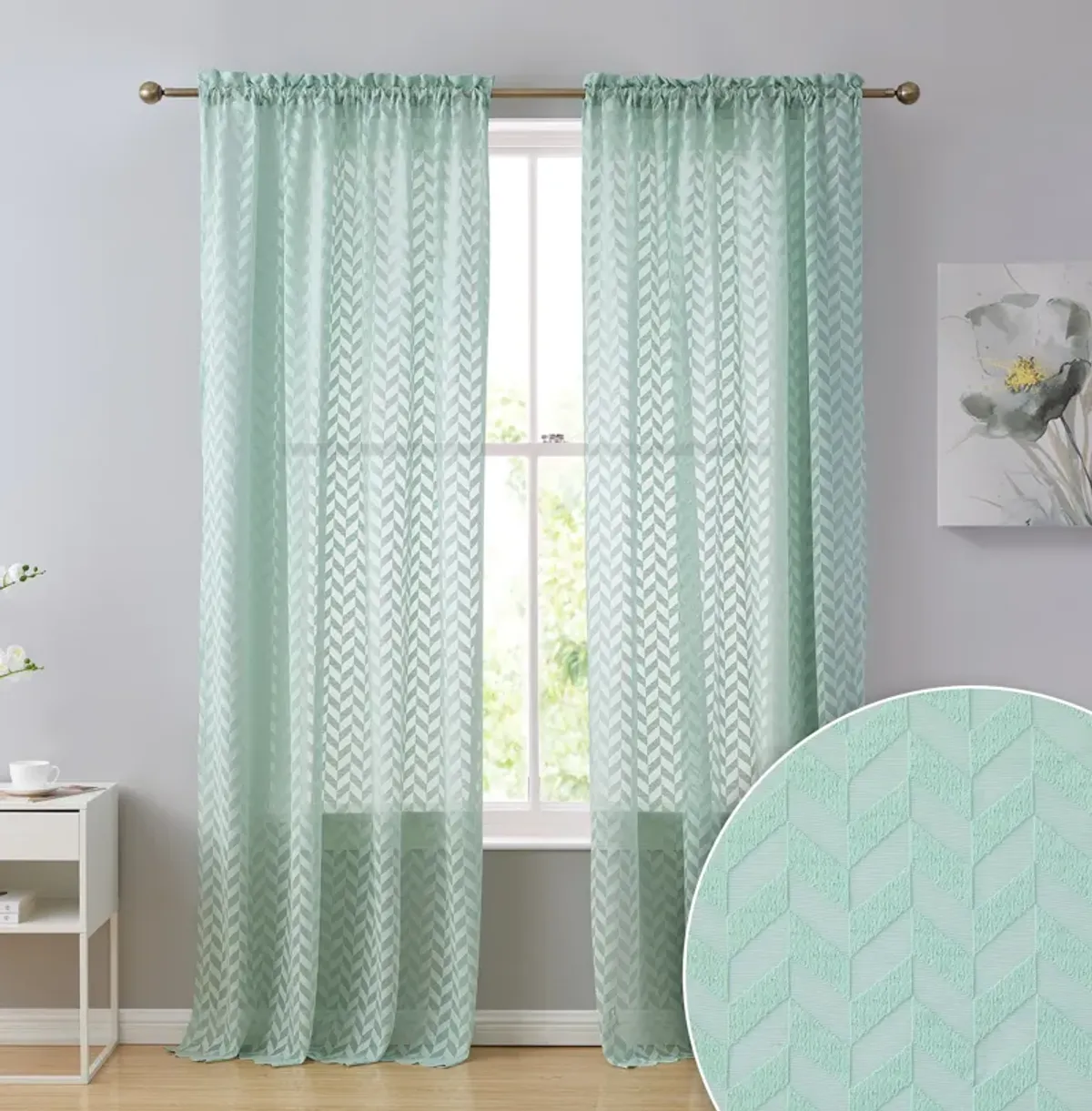 THD Herringbone Lace Thick Semi Sheer Premium Grommet Top Window Curtain Panels for Kids Room & Bedroom - Set of 2 Panels