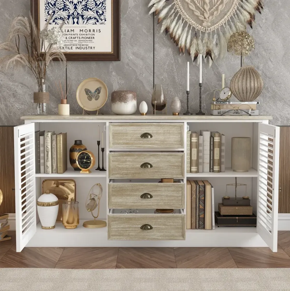 FUFU&GAGA Modern Sideboard Cabinet with Louvered Doors and Drawers,  (59"W x 15.7"D x 31.5"H),White and Brown