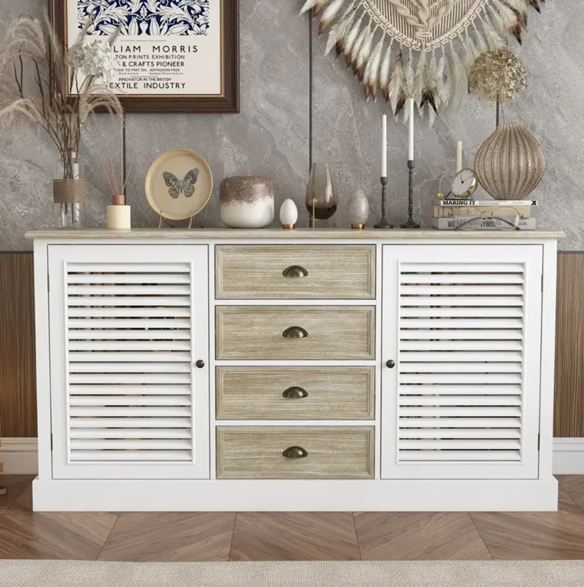 FUFU&GAGA Modern Sideboard Cabinet with Louvered Doors and Drawers,  (59"W x 15.7"D x 31.5"H),White and Brown