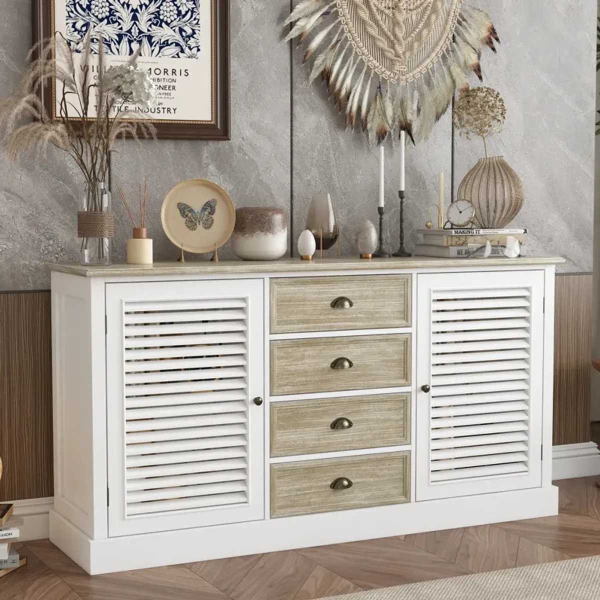 FUFU&GAGA Modern Sideboard Cabinet with Louvered Doors and Drawers,  (59"W x 15.7"D x 31.5"H),White and Brown