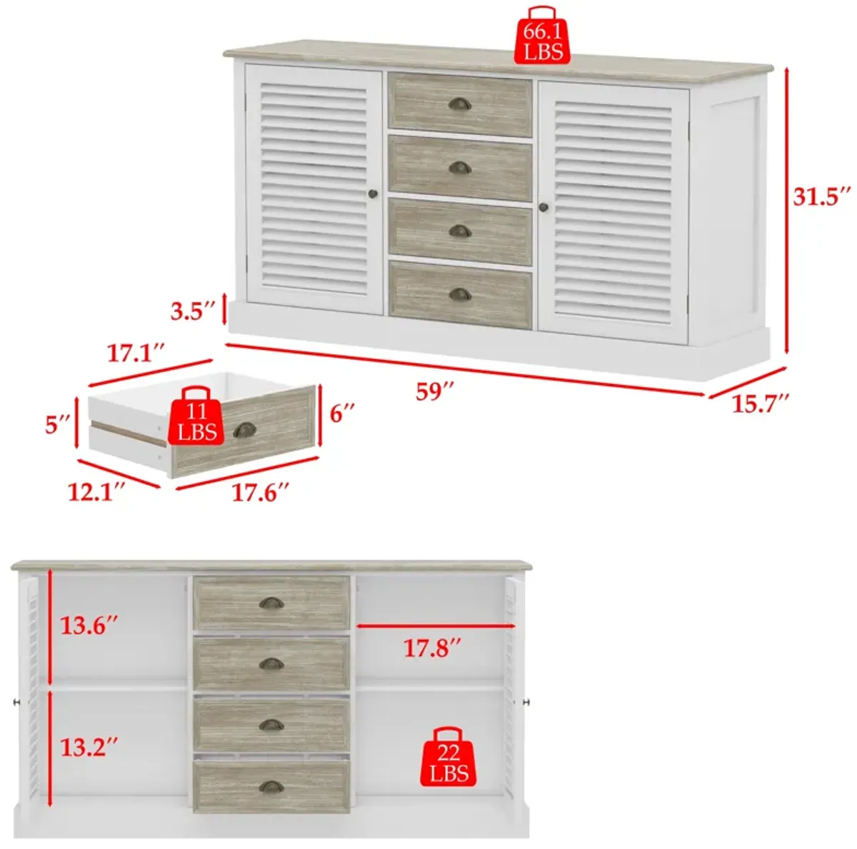 FUFU&GAGA Modern Sideboard Cabinet with Louvered Doors and Drawers,  (59"W x 15.7"D x 31.5"H),White and Brown