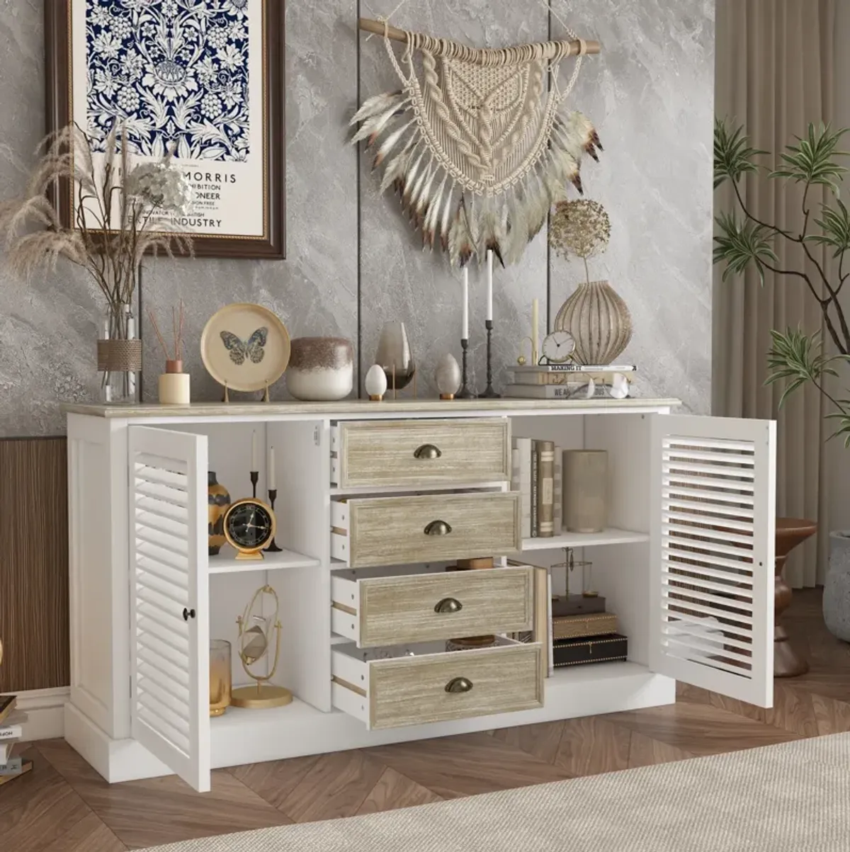 FUFU&GAGA Modern Sideboard Cabinet with Louvered Doors and Drawers,  (59"W x 15.7"D x 31.5"H),White and Brown