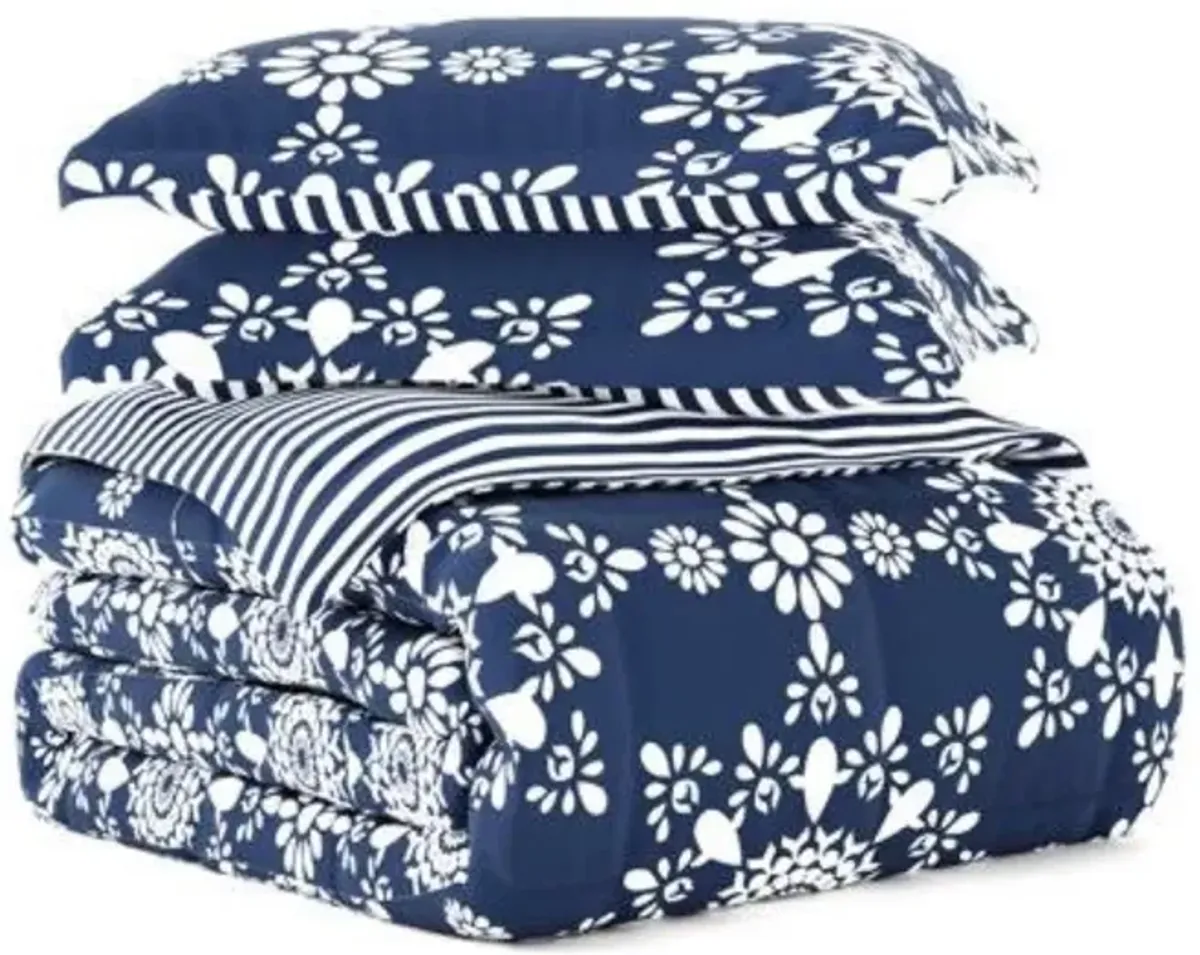 Hivvago King size 3 Piece Navy Blue White Reversible Floral Striped Comforter Set