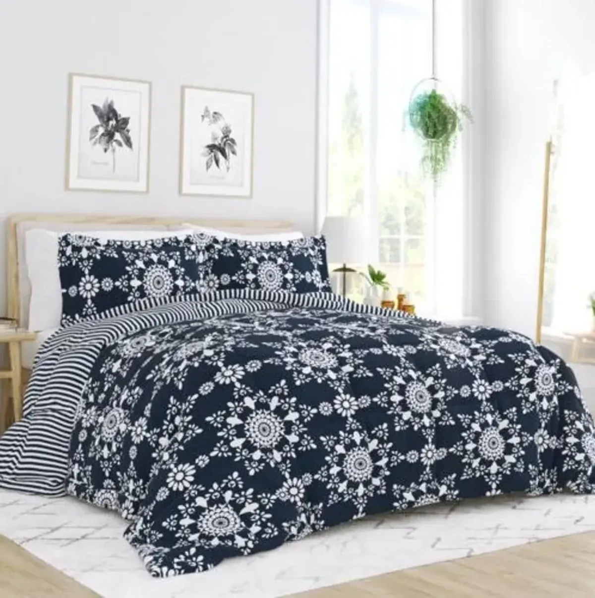 Hivvago King size 3 Piece Navy Blue White Reversible Floral Striped Comforter Set