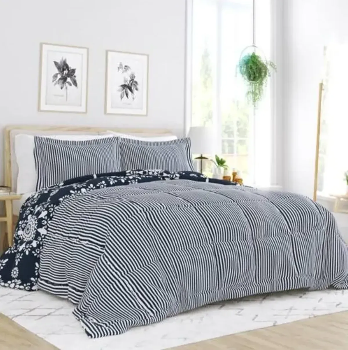 Hivvago King size 3 Piece Navy Blue White Reversible Floral Striped Comforter Set