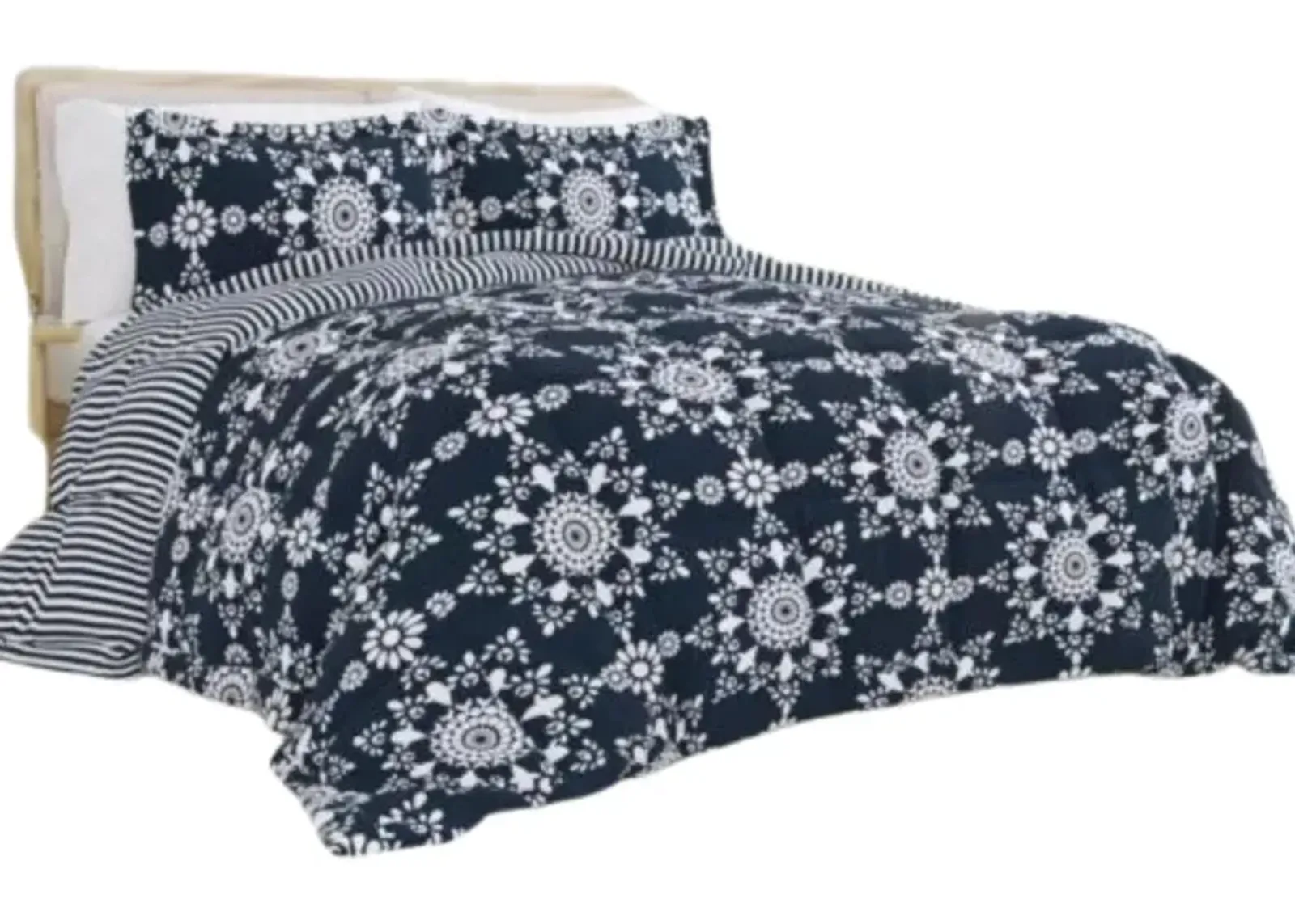 Hivvago King size 3 Piece Navy Blue White Reversible Floral Striped Comforter Set