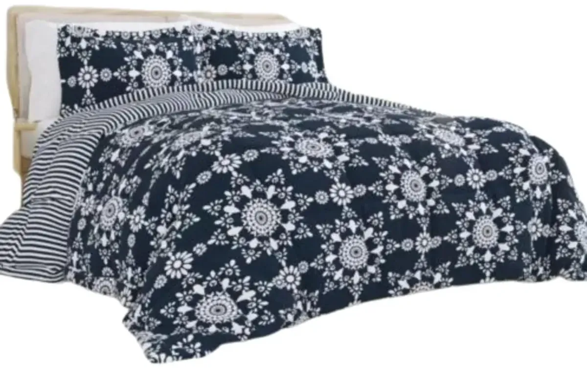 Hivvago King size 3 Piece Navy Blue White Reversible Floral Striped Comforter Set