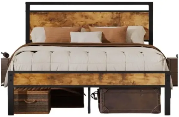 Queen Bed Frame With Modern Wood Headboard & Footboard, Upgraded Heavy Duty Metal Sturdy Bed Frame Queen Size, Stable Platform Bed Furniture Bed Storage, No Noise, No Box Springs, Vintage Brown