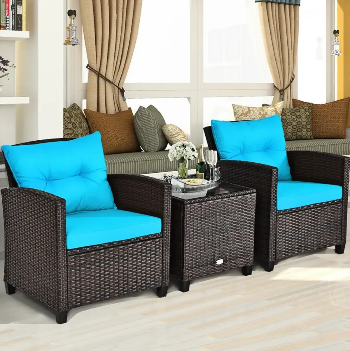 3 Pcs Patio Rattan Furniture Set Cushioned Conversation Set Coffee Table