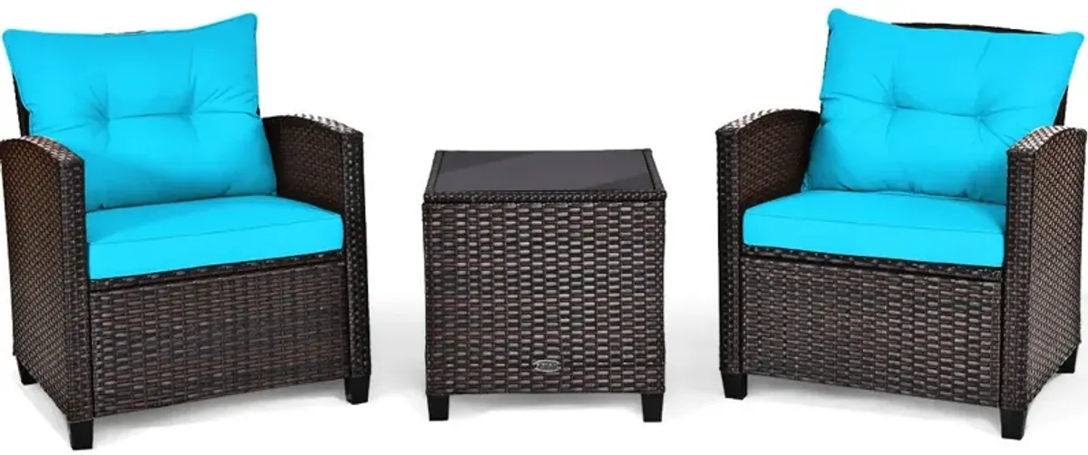 3 Pcs Patio Rattan Furniture Set Cushioned Conversation Set Coffee Table