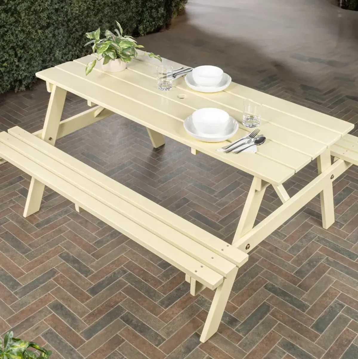 Shoreham Modern Classic Outdoor Wood Picnic Table Benches with Umbrella Hole