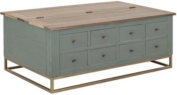 Timmy Cocktail Coffee Table, 8 Drawers, Sage Green Pine, 50 Inch
