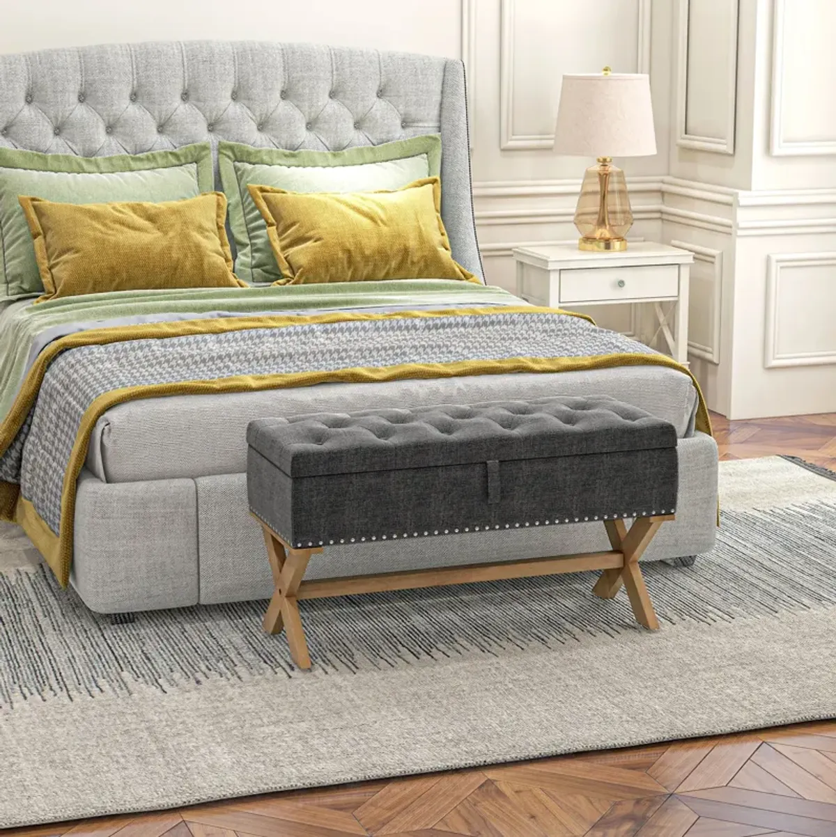 Gray Upholstered Bedroom Bench: Wooden Legs, Ottoman