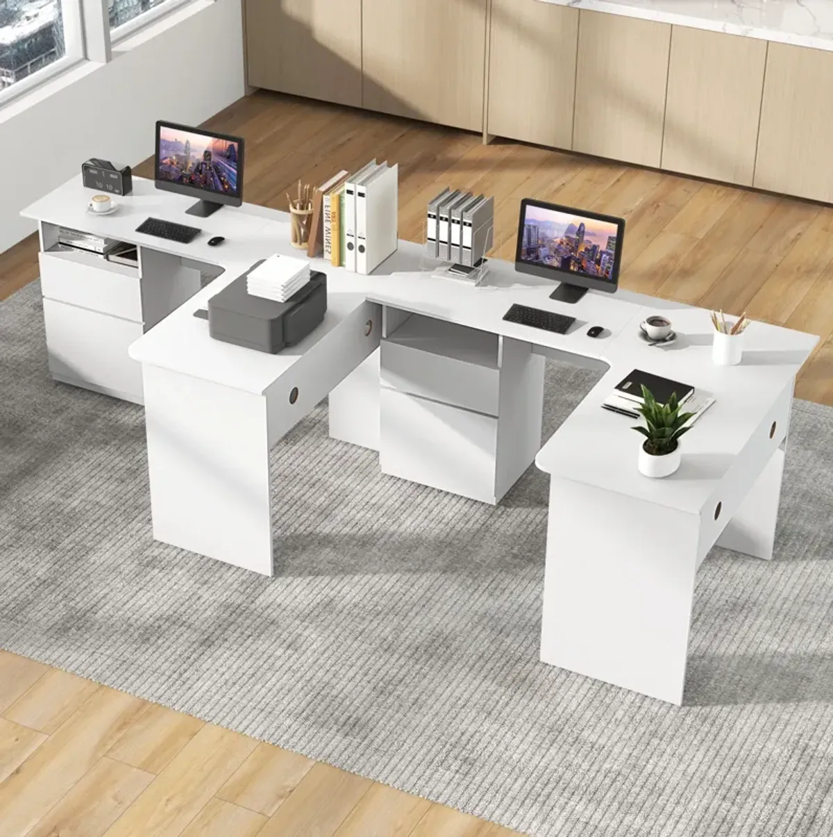 L-Shaped Computer Desk with Letter File Drawer for Home Office or Workspace Organization