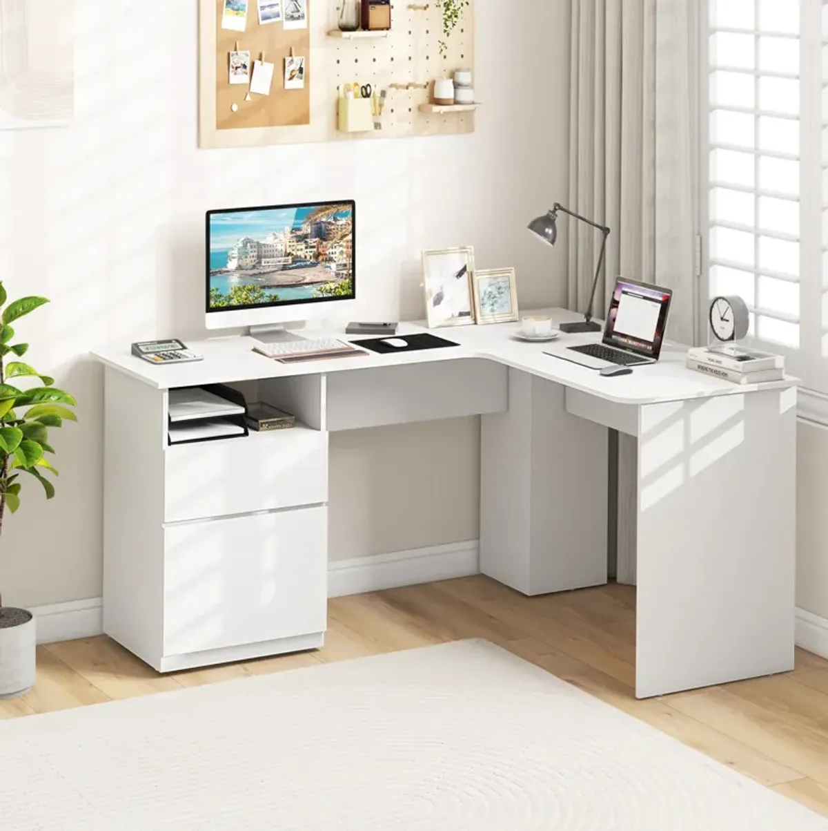 L-Shaped Computer Desk with Letter File Drawer for Home Office or Workspace Organization