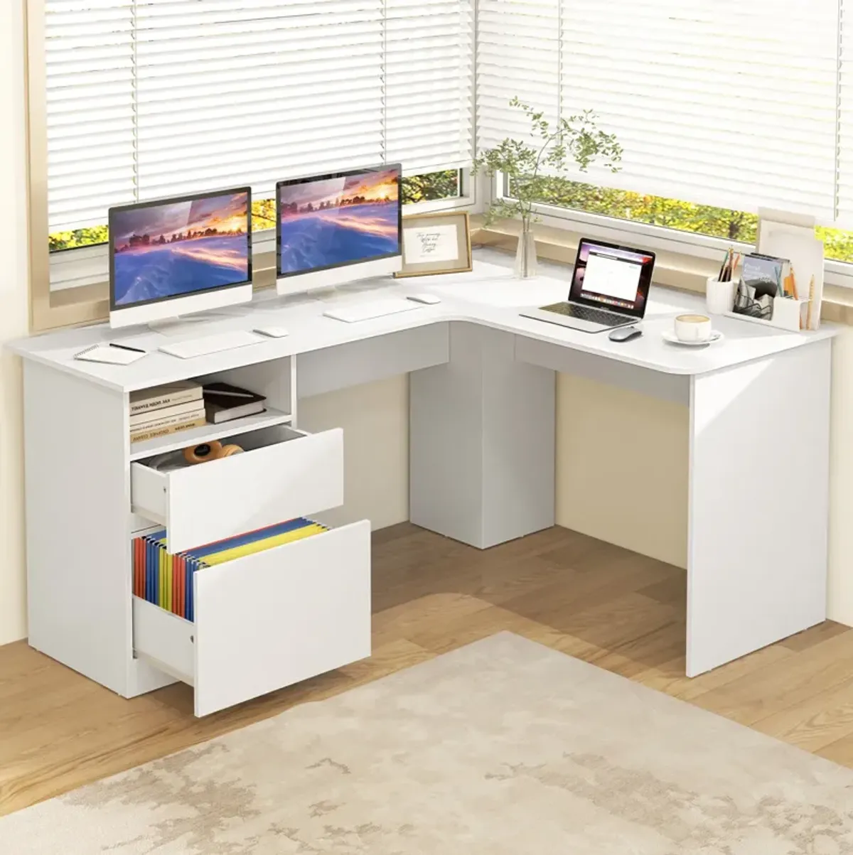 L-Shaped Computer Desk with Letter File Drawer for Home Office or Workspace Organization