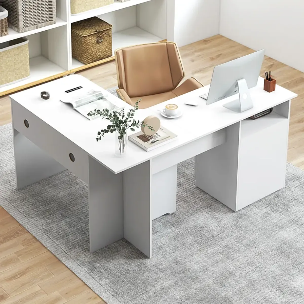 L-Shaped Computer Desk with Letter File Drawer for Home Office or Workspace Organization