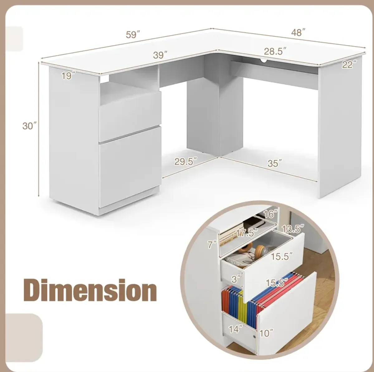 L-Shaped Computer Desk with Letter File Drawer for Home Office or Workspace Organization