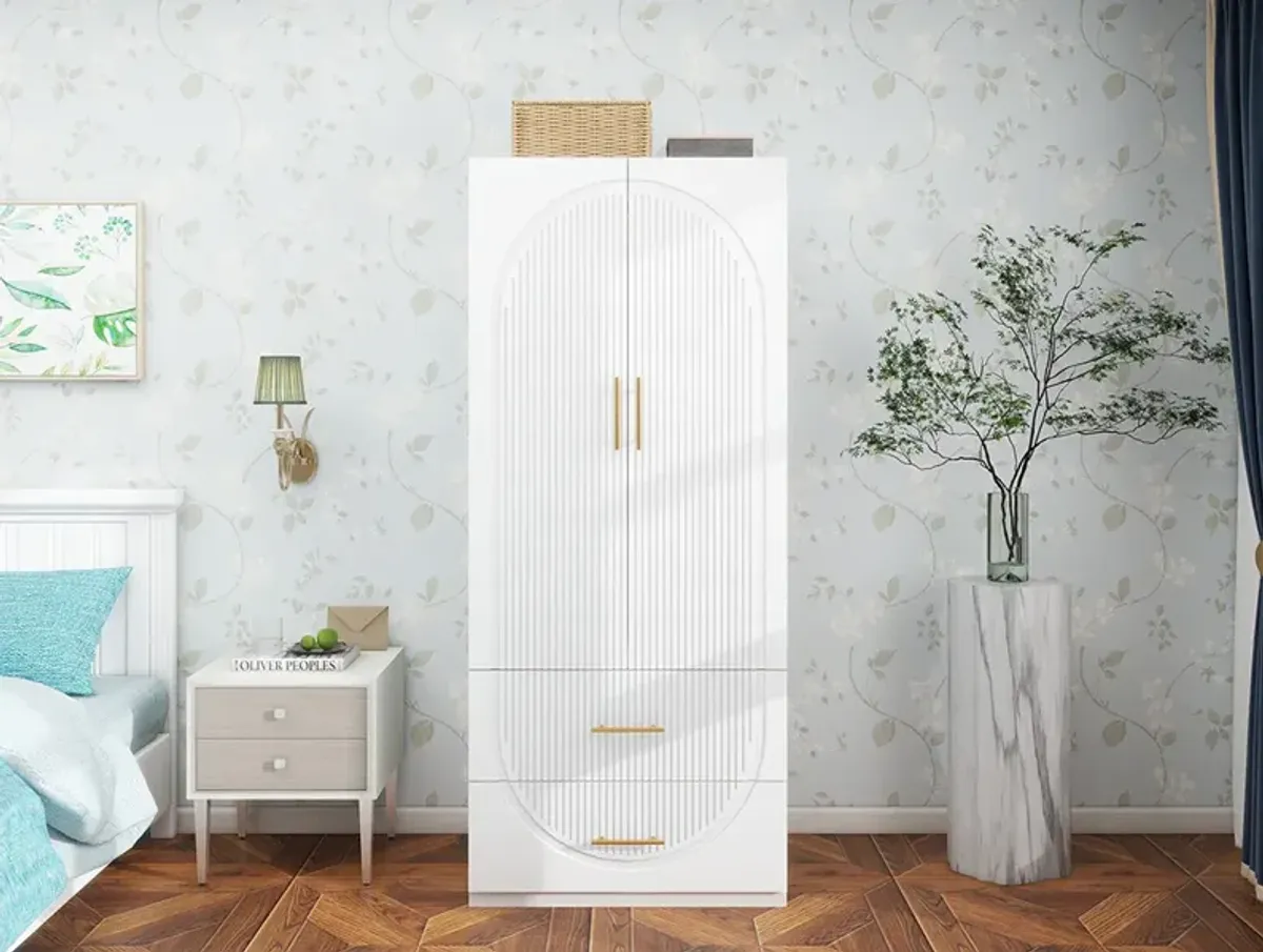 Armoire Wardrobe Closet with 2 Doors with Clothing Rod Inside Cabinet and 2 Drawers for Storage, White,31.5”W x 20.4”D x 74.2”H