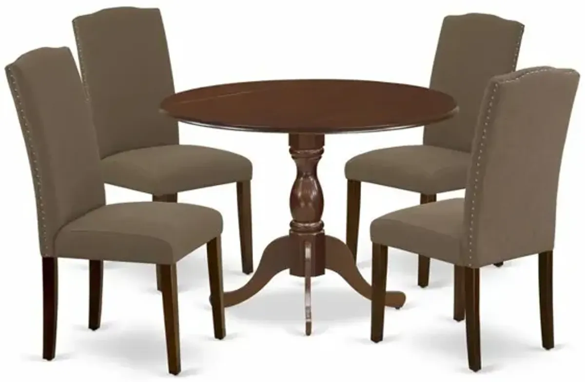 East West Furniture DMEN5-MAH-18 5 Piece Dining Table Set Consists of 1 Drop Leaves Wood Dining Table and 4 Dark Coffee Linen Fabric Upholstered Chair High Back with Nail Heads - Mahogany Finish