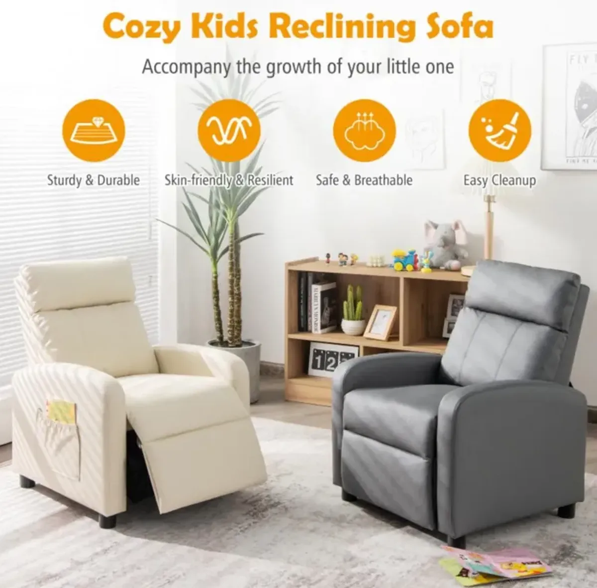 Hivvago Ergonomic PU Leather Kids Recliner Lounge Sofa for 3-12 Age Group