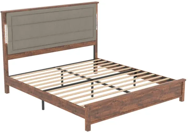 Queen Size Bed Frame with Upholstered Headboard, Queen Bed Frame with Charging Station and LED Lights, Wood Slats, Dark Gray Linen,  No Box Spring Needed, Easy Assembly