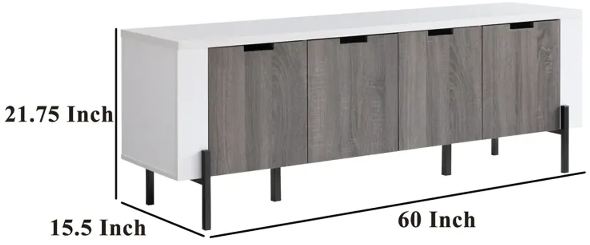 TV Media Entertainment Console, 3 Cabinet, Metal Legs, 60 Inch White - Benzara