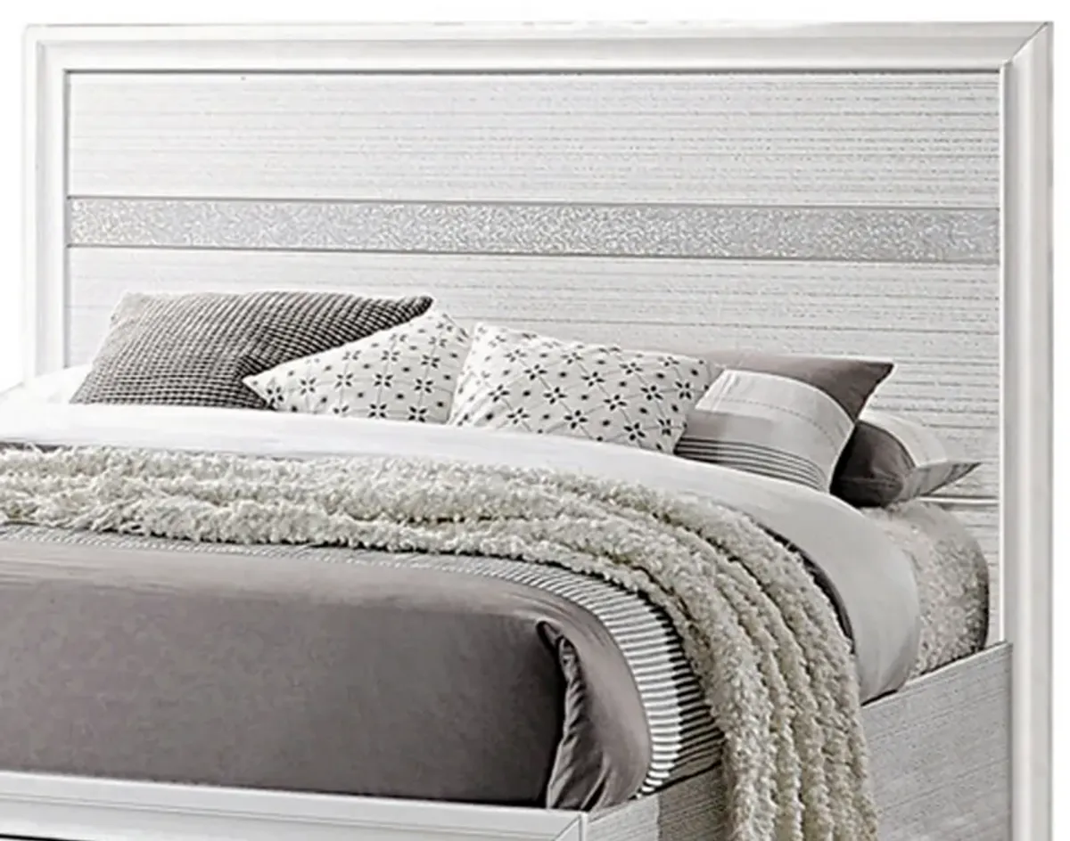 Contemporary Eastern King Bed with Drawers and Glittering Stripes, White-Benzara