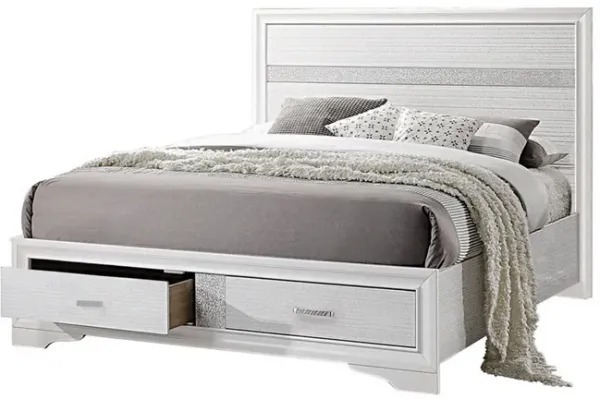 Contemporary Eastern King Bed with Drawers and Glittering Stripes, White-Benzara