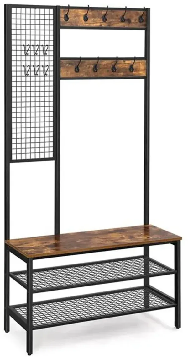73 Inch Clothing Rack Horse, 9 Coat Hooks, 3 Shelves, Grid Wall Brown Black - Benzara