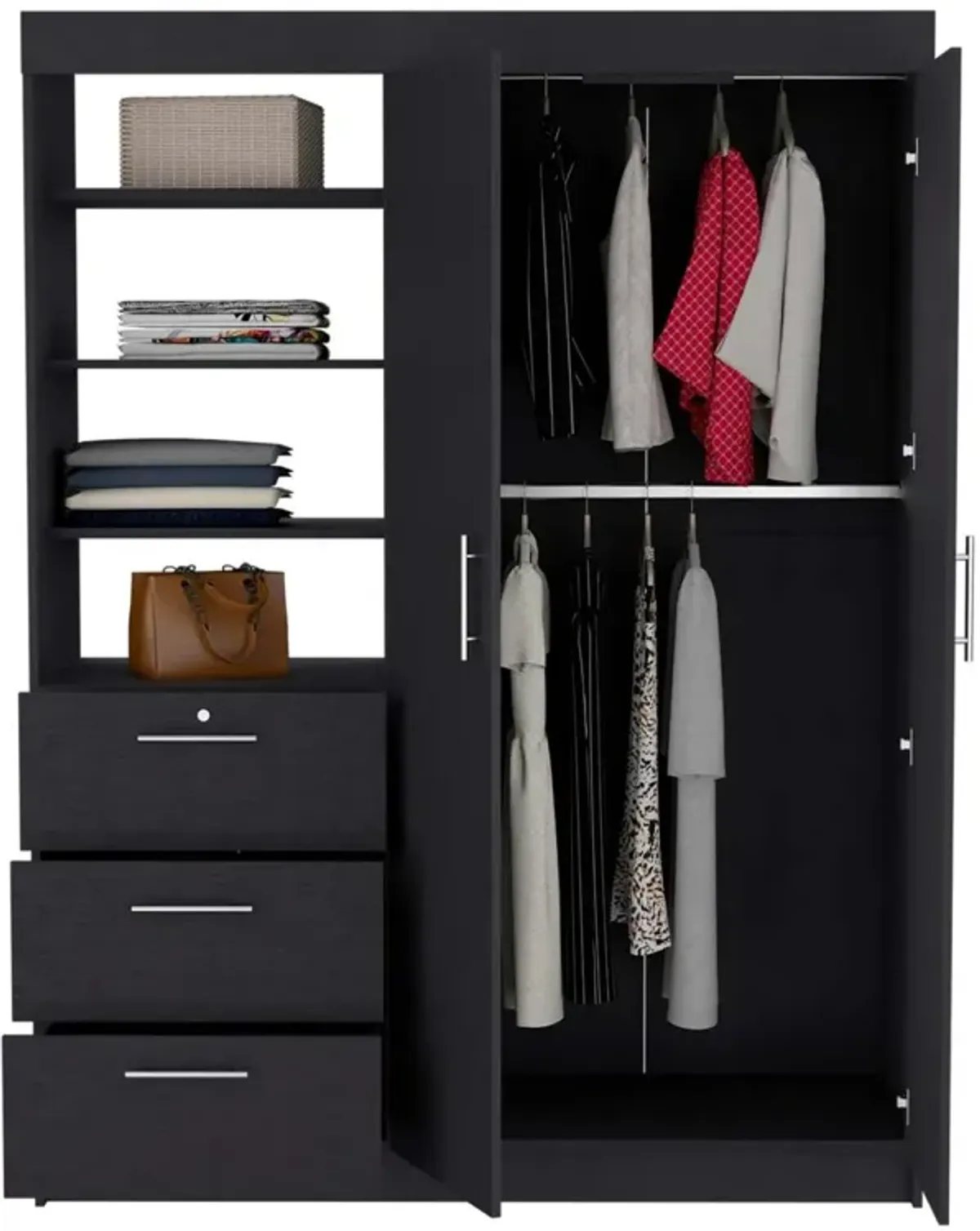 Kenya 3 Drawers Armoire, Double Door, 3-Tier Shelf - Black